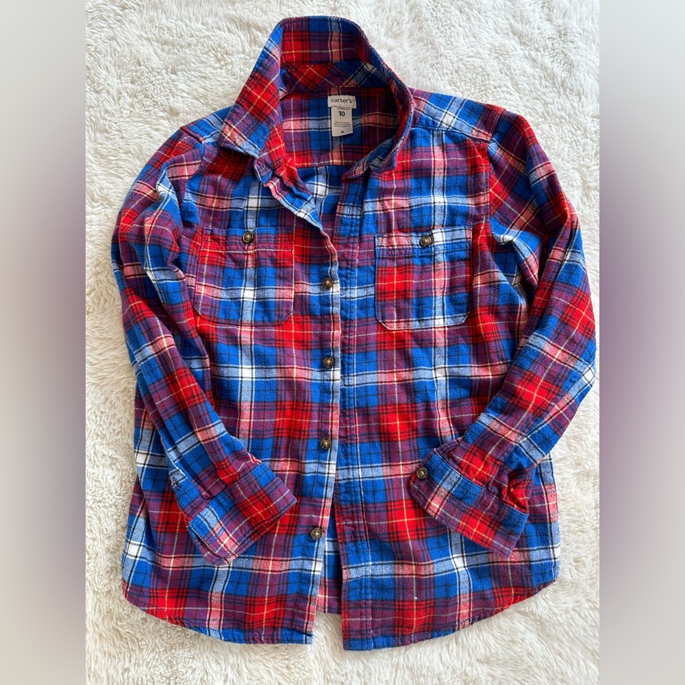 Carters boys blue and red plaid flannel long sleeve button down boys size 10